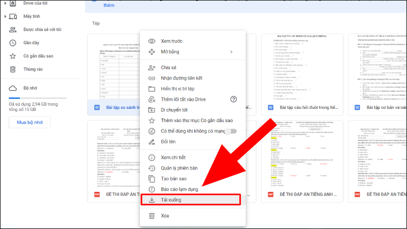 Chọn và nhấn Tải xuống file Google Docs mà bạn muốn chuyển đổi